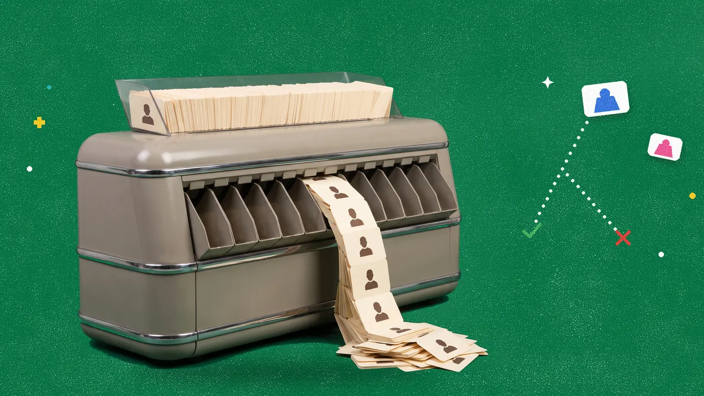 A vintage mechanical sorting machine, cream cards each stamped with a person icon feeding in at the top and a chain of them spilling into a discard pile at the front, with an accepted and a rejected card icon to the side, on a green background.