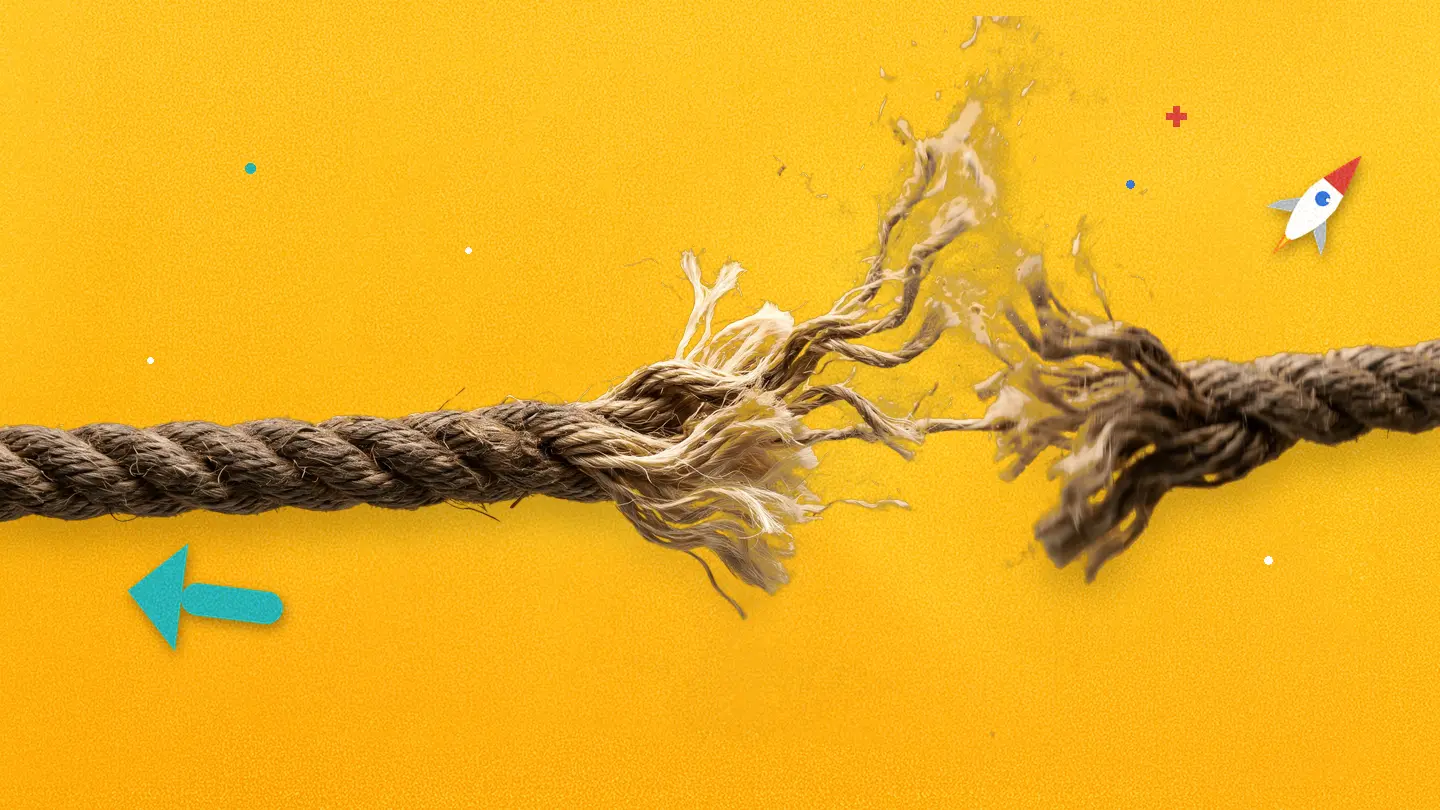 A thick rope fraying and snapping apart mid-air as if losing a tug of war, with a teal arrow pointing one way and a small rocket flying the other, on a yellow background.