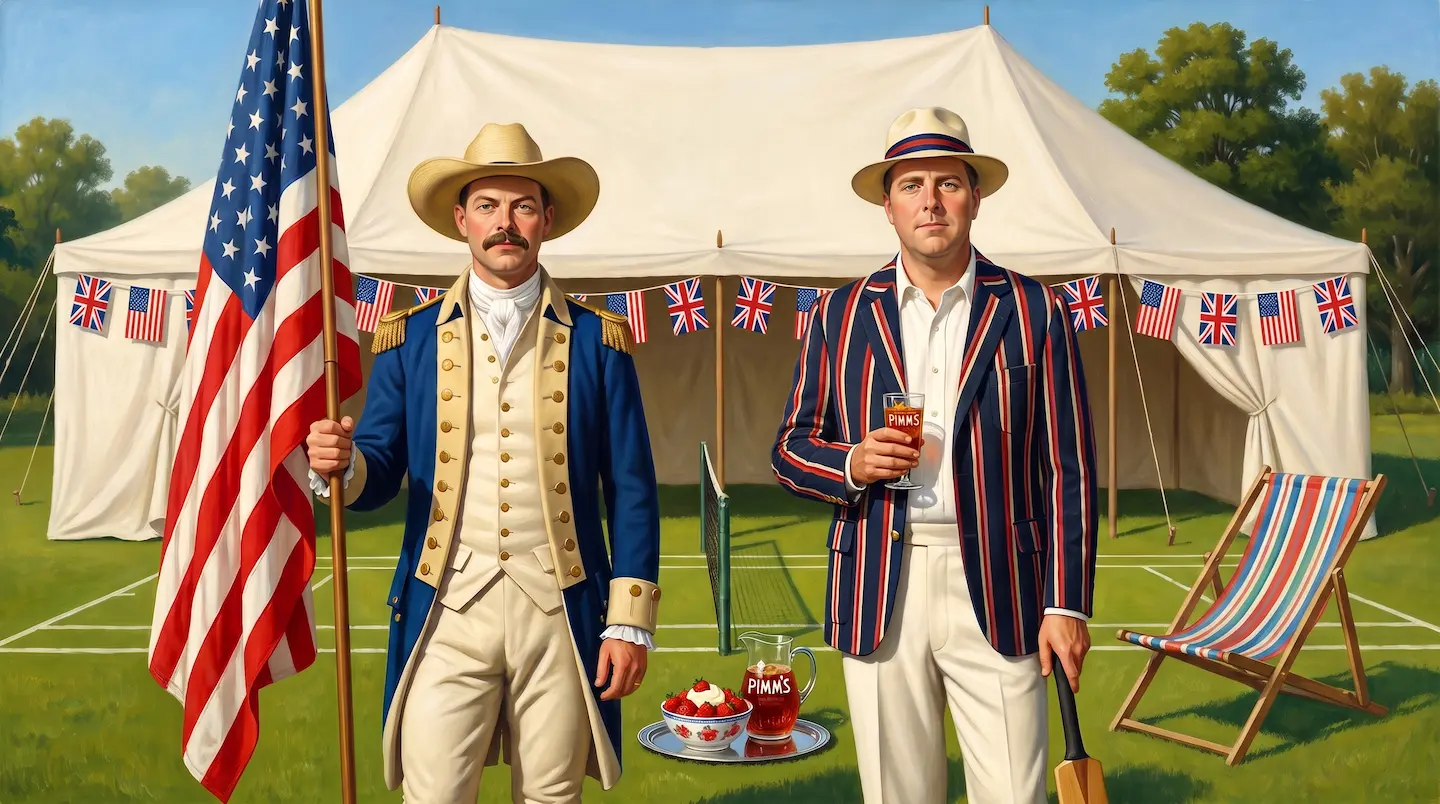 Garrett and Iain in a transatlantic summer scene: one in an American colonial officer’s coat holding a US flag, the other in a British striped blazer and boater hat with a Pimm’s, in front of a lawn-tennis marquee strung with US and UK bunting