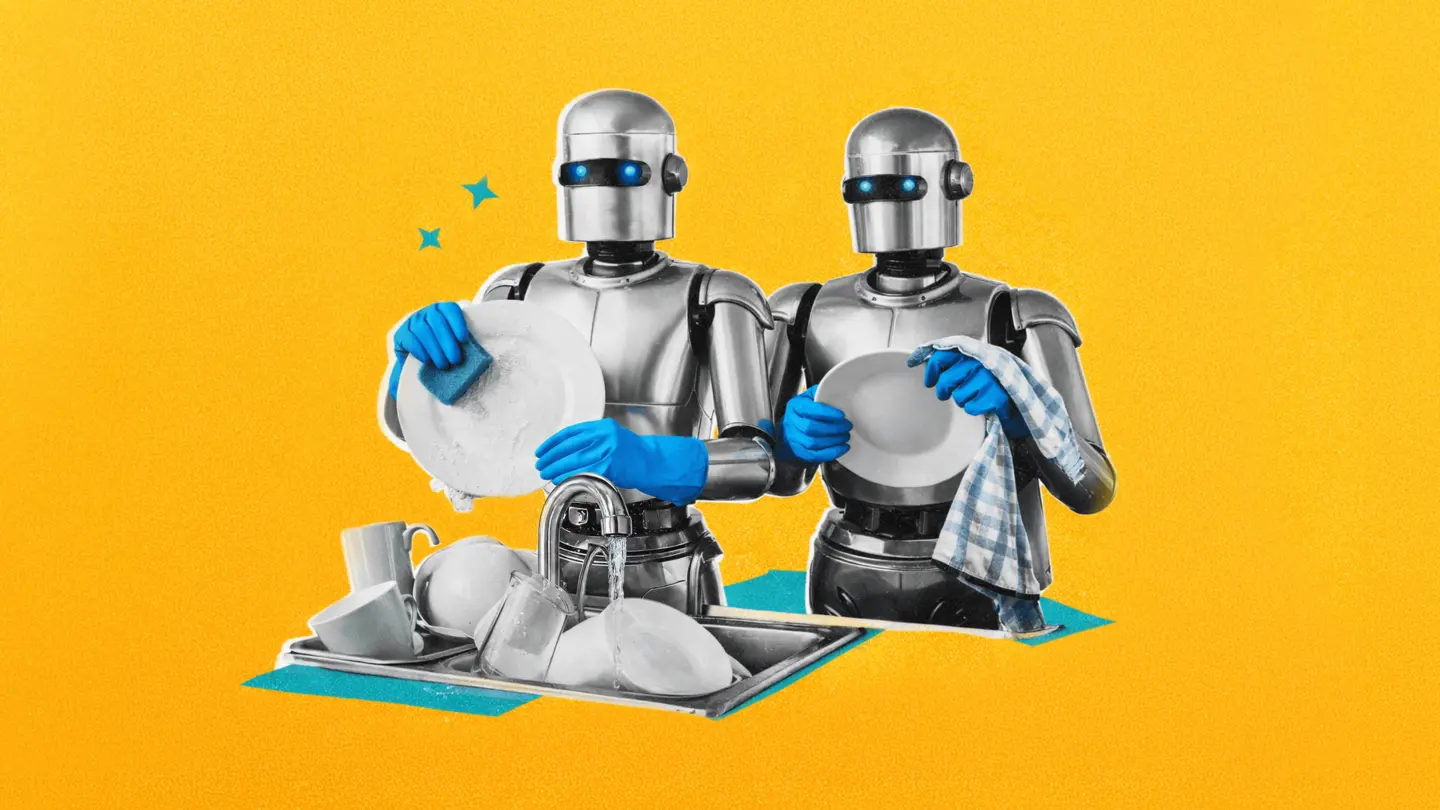 Two robots washing and drying dishes together